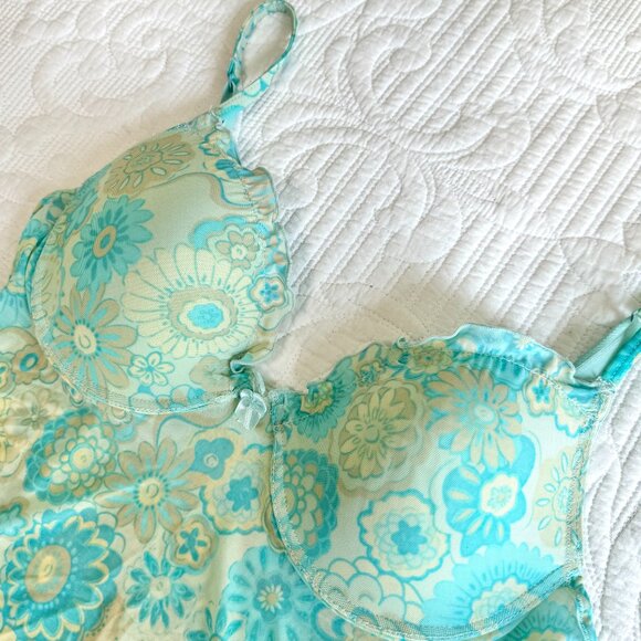 Y2K Mesh Bustier Cami Top Retro Turquoise Flowers & Ruffles Bed of Roses 36B - Picture 5 of 9